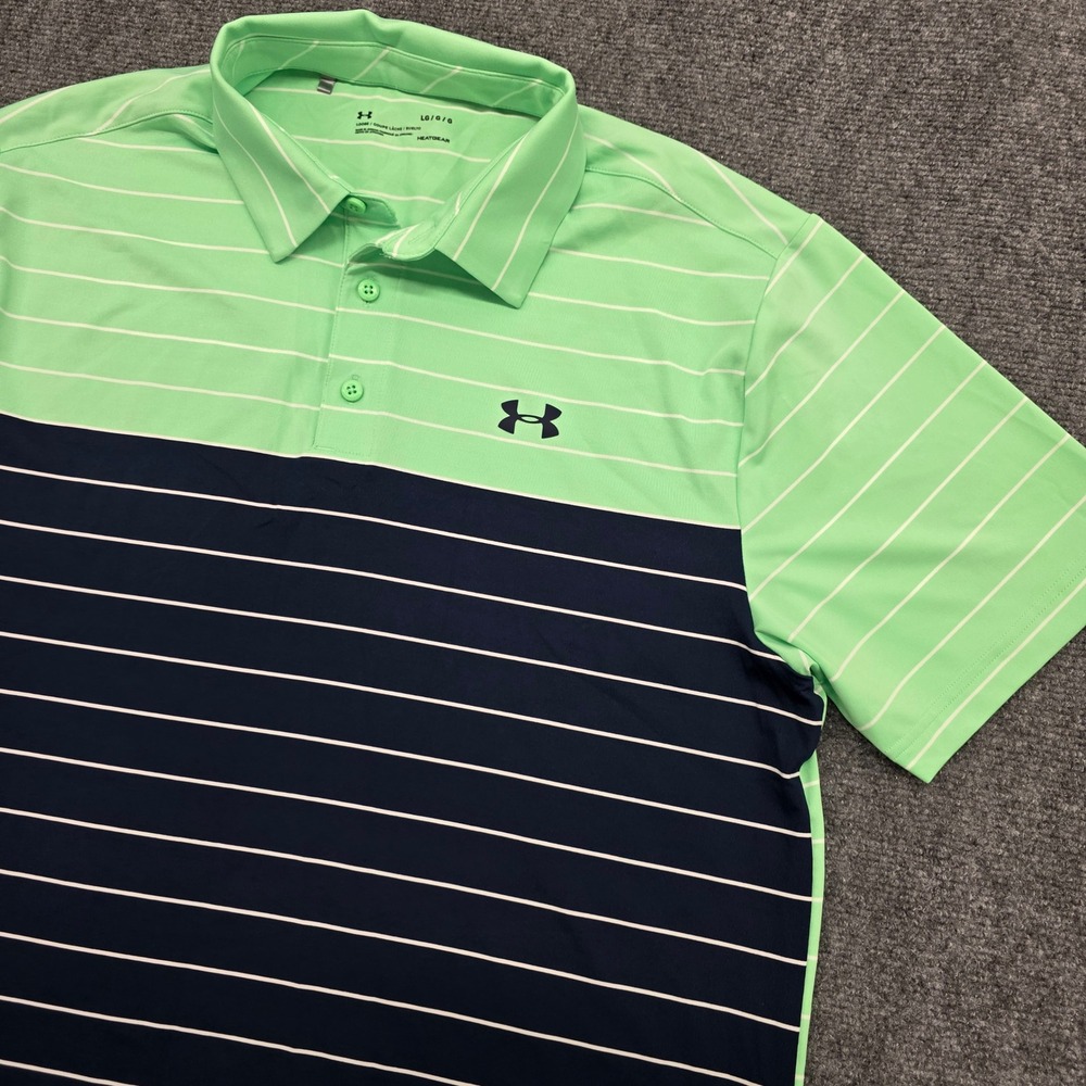 Under Armour Mens HeatGear Golf Polo Shirt Green Navy Striped 1253479 L